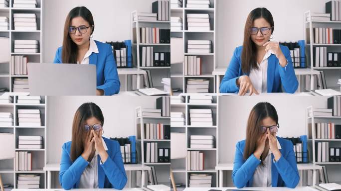 一位压力重重的亚洲女商人坐在她的办公桌前，一脸严肃和不开心，对她的生活感到不安，担心她的项目，厌倦了