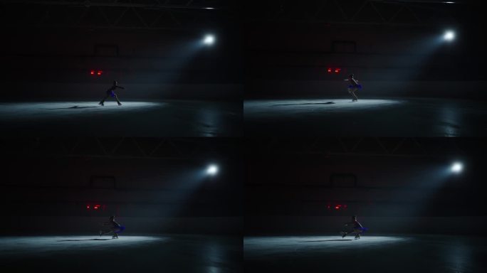 小女孩花样滑冰运动员在溜冰场训练，准备比赛，黑暗中的剪影