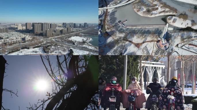 雪天公园冬季冰雪马路小鸟树林阳光光晕光芒