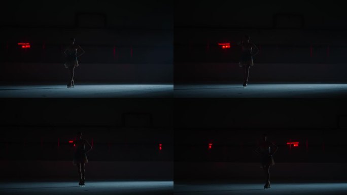在黑暗的溜冰场上独自滑冰的女运动员，慢镜头，黑暗中的女性剪影