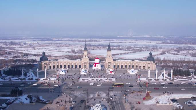 哈尔滨大雪人无人机素材