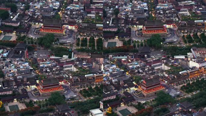 西安城市地标鼓楼中轴线夜景灯光航拍展示