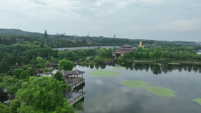 航拍河南三门峡函谷关景区老子金像文化风景