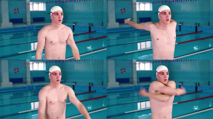 游泳开始前的兴奋。专注的白人年轻男子游泳运动员兴奋地站在冠军的起跑线上。