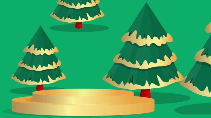 绿色，红色和金色的模拟产品展示动画与圣诞主题松树，森林。