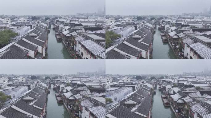 航拍苏州姑苏山塘街冬天大雪，唯美雪景飘雪