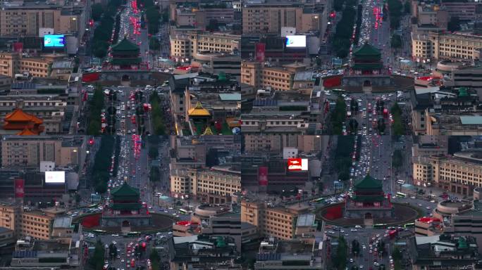西安城市地标钟楼中轴线夜景灯光航拍展示