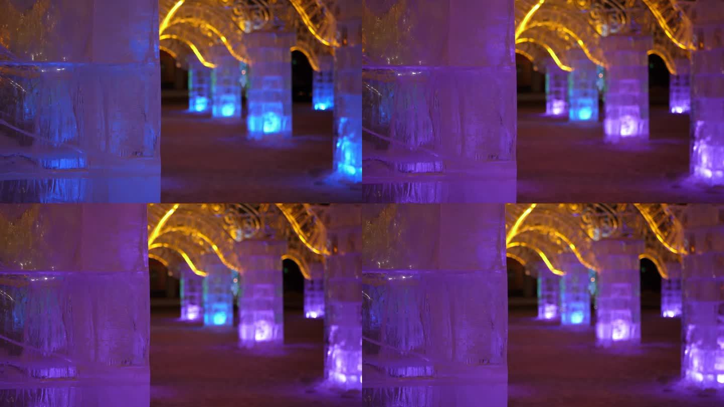 由冰冻的水块组成的冰柱闪烁着五颜六色的灯光