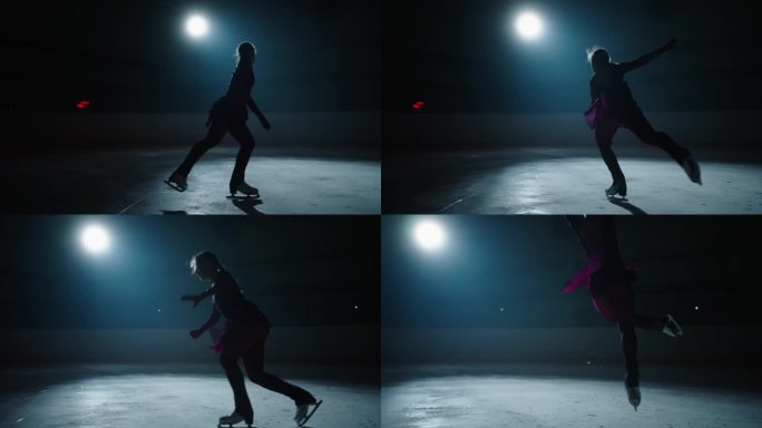 天才少年花样滑冰女孩在黑暗中的溜冰场训练，年轻的女运动员跳跃