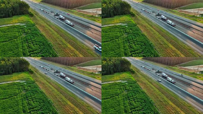 北卡罗来纳州高速公路正在进行道路施工。农田线拓宽了道路。航空镜头与静态相机运动