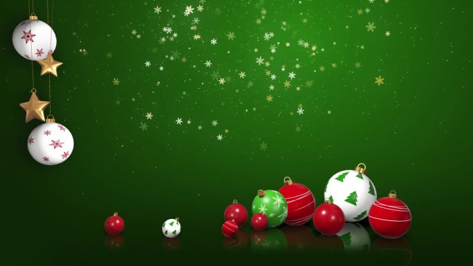 圣诞绿色动画与圣诞球，五彩纸屑，雪花和星星。节日背景和节日装饰。圣诞和新年3D场景。循环运动图形。