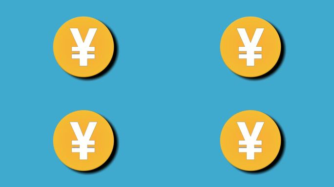 弹出日元日本美元硬币的钱的动画标志符号运动图形在蓝色的背景。视频元素经营理念