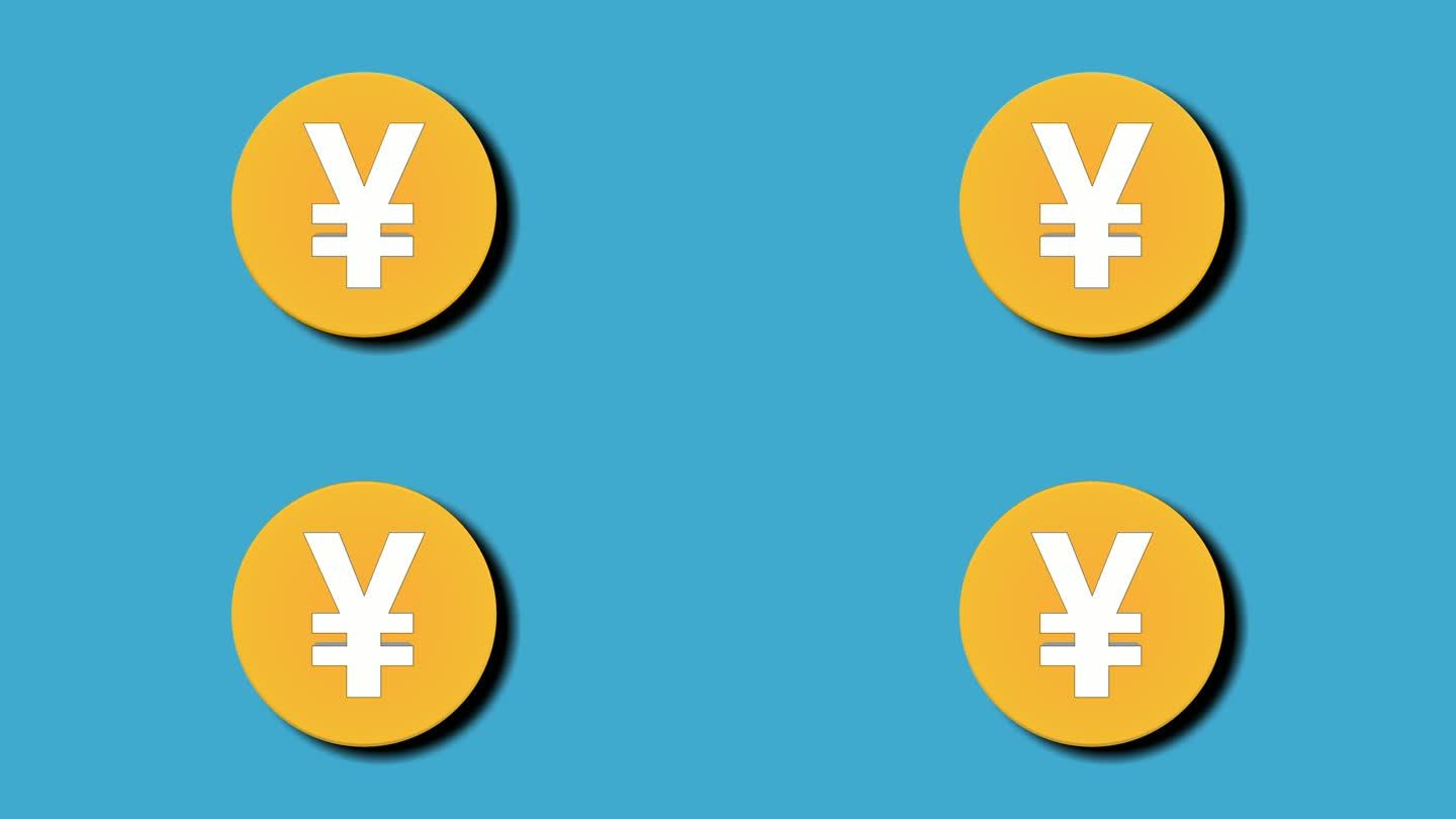 弹出日元日本美元硬币的钱的动画标志符号运动图形在蓝色的背景。视频元素经营理念