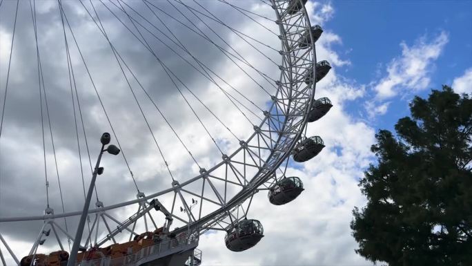 低角度拍摄的伦敦眼摩天轮在伦敦，英国，英国