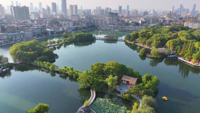 江西南昌八一公园航拍百花洲城市地标风景风