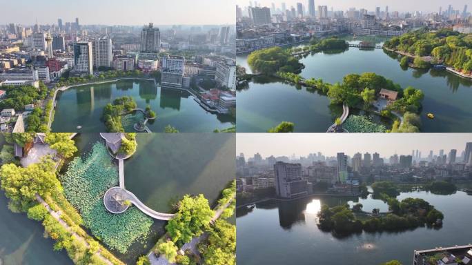 江西南昌八一公园航拍百花洲城市地标风景风