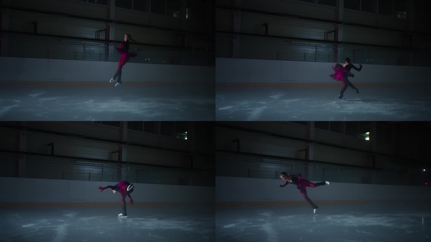 优雅的年轻女子花样滑冰运动员在黑暗中独自在溜冰场训练，女士跳跃和坠落