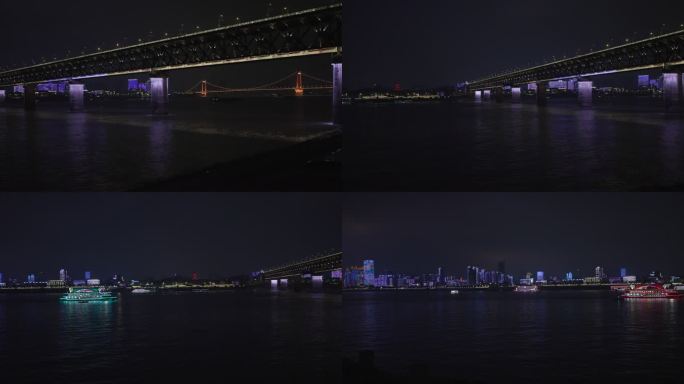 武汉长江大桥黄鹤楼江边夜景向左摇