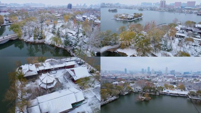 航拍济南大明湖雪景