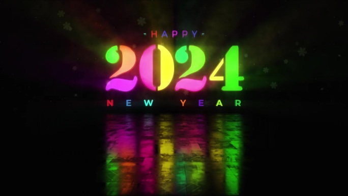 2024新年快乐发光彩色霓虹文本效果动画电影标题黑色抽象背景。片尾盖为片尾预告片冬雪，圣诞和新年事件