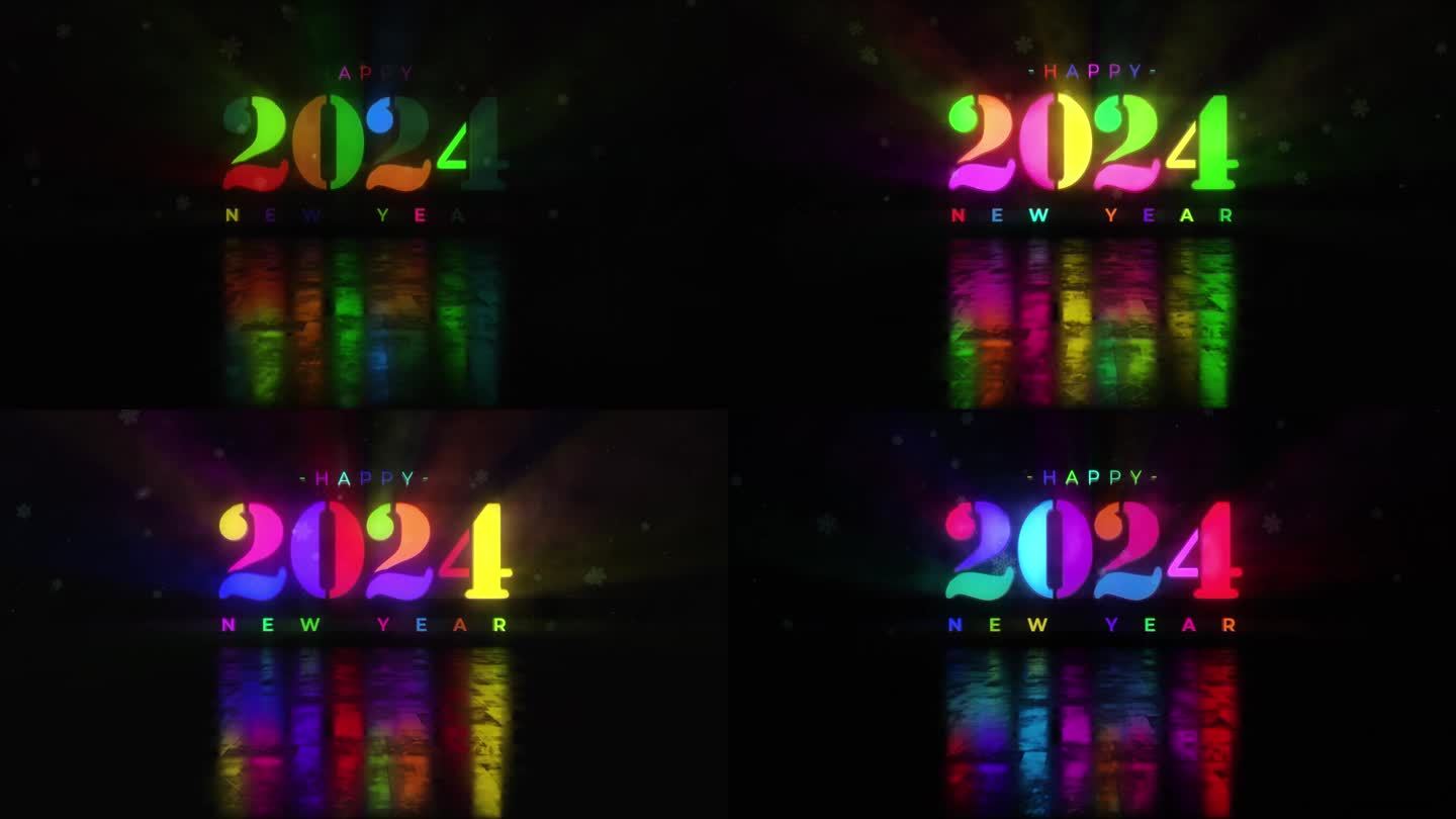 2024新年快乐发光彩色霓虹文本效果动画电影标题黑色抽象背景。片尾盖为片尾预告片冬雪，圣诞和新年事件