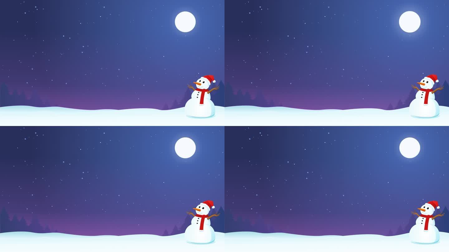 夜雪林景观与圣诞雪人(循环)