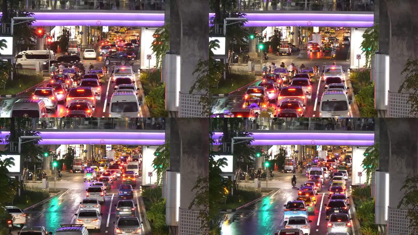 泰国曼谷夜间的延时交通。