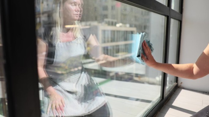 女人用蓝色抹布擦拭窗户和塑料框的特写，以清除办公室里的灰尘