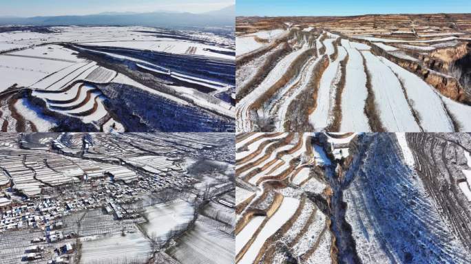 黄土高原冬天雪后梯田航拍