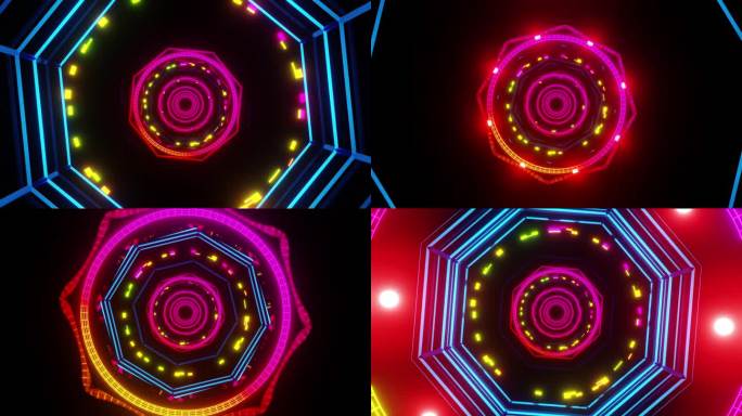 抽象的网络空间技术门户，闪烁着五颜六色的闪光，vj循环3D渲染。在外太空旅行HUD。迪斯科，夜总会，