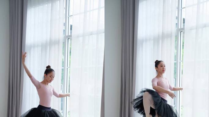 迷人的年轻女子在精致的粉红色服装旋转和摆姿势在舞蹈工作室表演艺术活动的亚洲女舞者喜欢磨练她的芭蕾舞步