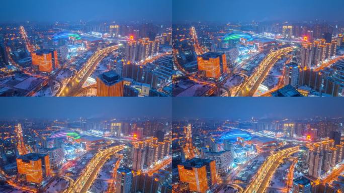 沈阳城市冬季夜景繁华街道车流航拍延时