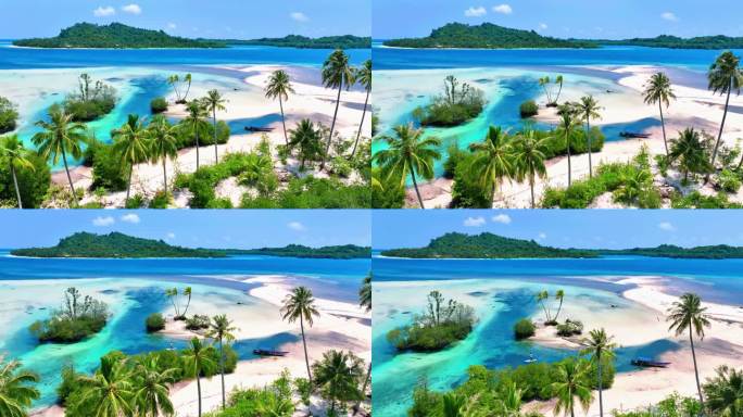 在晴朗的日子里，在印尼明打威的海绵宝宝岛，在清澈的蓝色海水中冲浪的鸟瞰图。