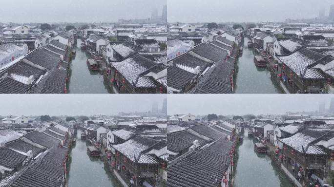 航拍苏州姑苏山塘街冬天大雪，唯美雪景飘雪