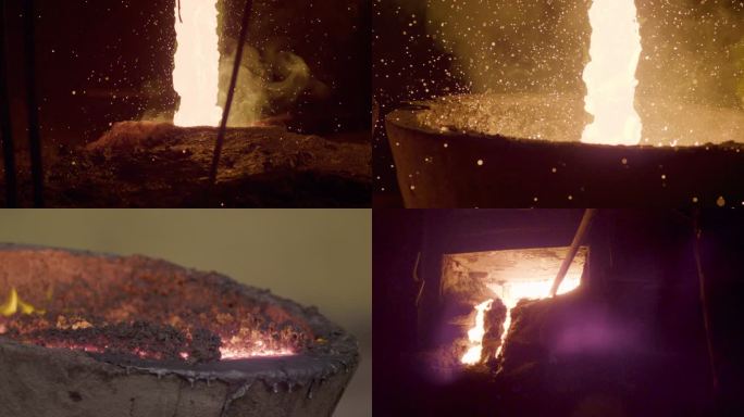 工厂熔炼冶铁熔炉冶炼火光火花燃烧铁水铝水
