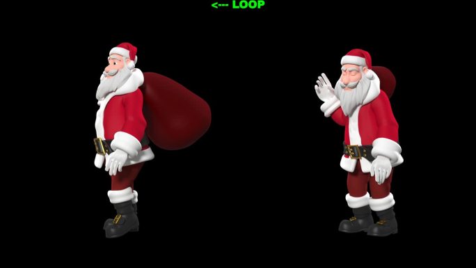 3D渲染的圣诞老人背着礼物袋走路的循环