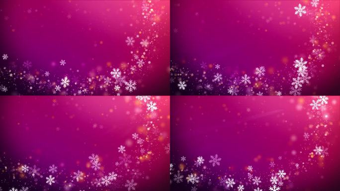 水晶雪花和曲线形状的边界设计。冬天的雪花纸屑散落传单紫色的背景。循环运动图形。
