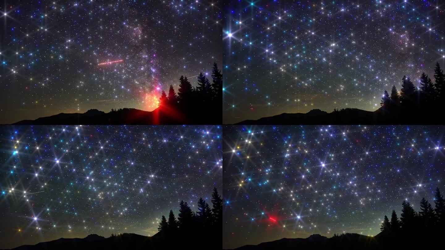 夜空中有山峰上空星星的剪影，光线的效果
