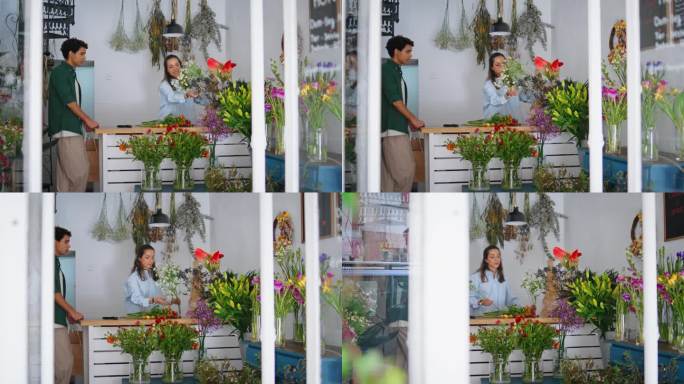 忙碌的卖花女孩在花店卖花。非裔美国人商店花束