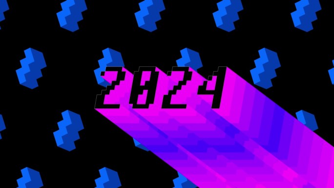 2024. 4k动画字，长层彩色阴影，黑色背景上彩虹的颜色。