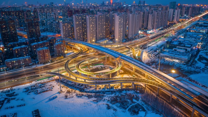 沈阳胜利南街立交桥夜景万家灯火航拍延时