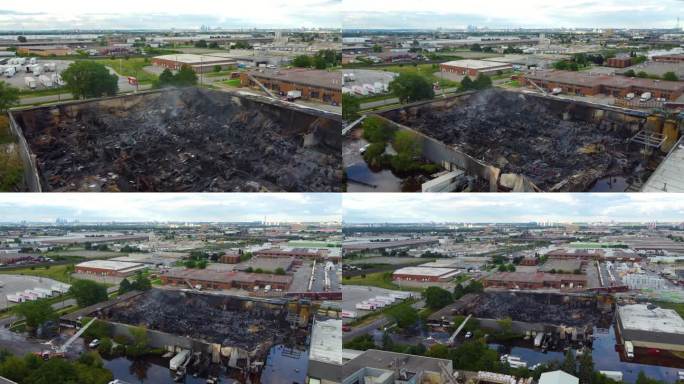 加拿大多伦多一座工业建筑大火后，废墟中冒出的烟雾。空中的回调
