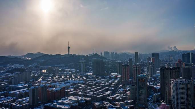 大连城市雪景日转夜 城市中心