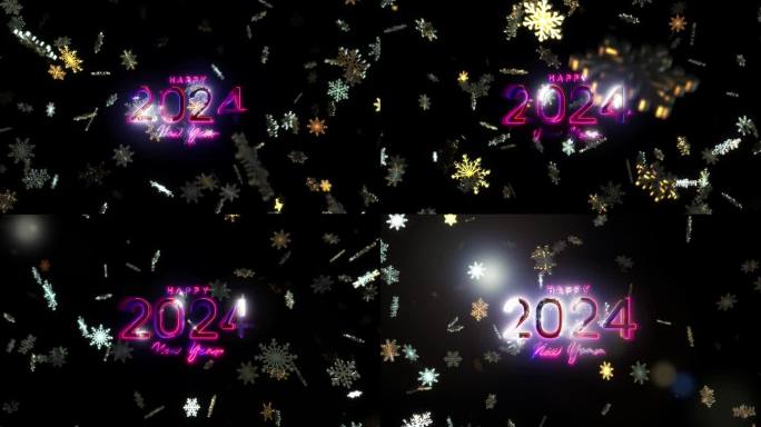 2024新年快乐粉红色霓虹文字与下降辉光雪花和耀光爆发电影标题抽象背景。2024年新年快乐照耀文字冬
