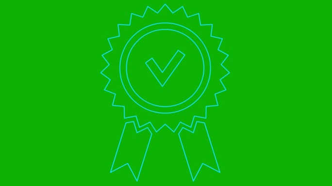 质量标志的动画蓝色线性符号。质量标志。批准或行认证的图标。矢量插图隔离在绿色背景上。