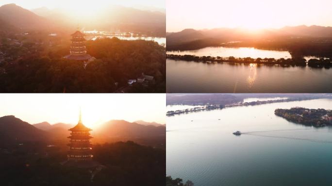 杭州西湖日落航拍