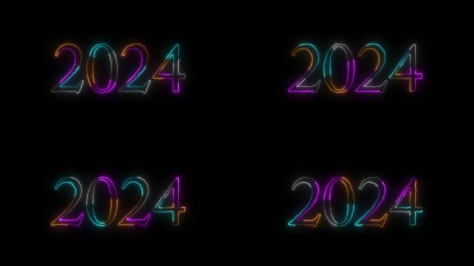 新年祝福用霓虹数字2024，新年祝福2024，阿尔法通道
