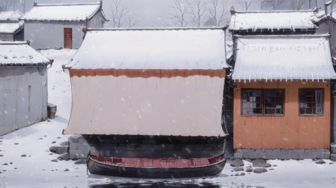 小雪天气农村建筑卡通背景