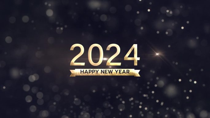 2024新年快乐金色文字光运动与金色散景浮动电影标题动画在黑色抽象背景