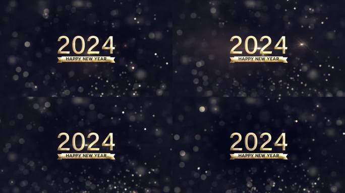 2024新年快乐金色文字光运动与金色散景浮动电影标题动画在黑色抽象背景